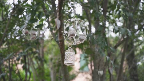 slow motion shot of beautiful decorating lanterns hanging from trees during an outdoors wedding reception party