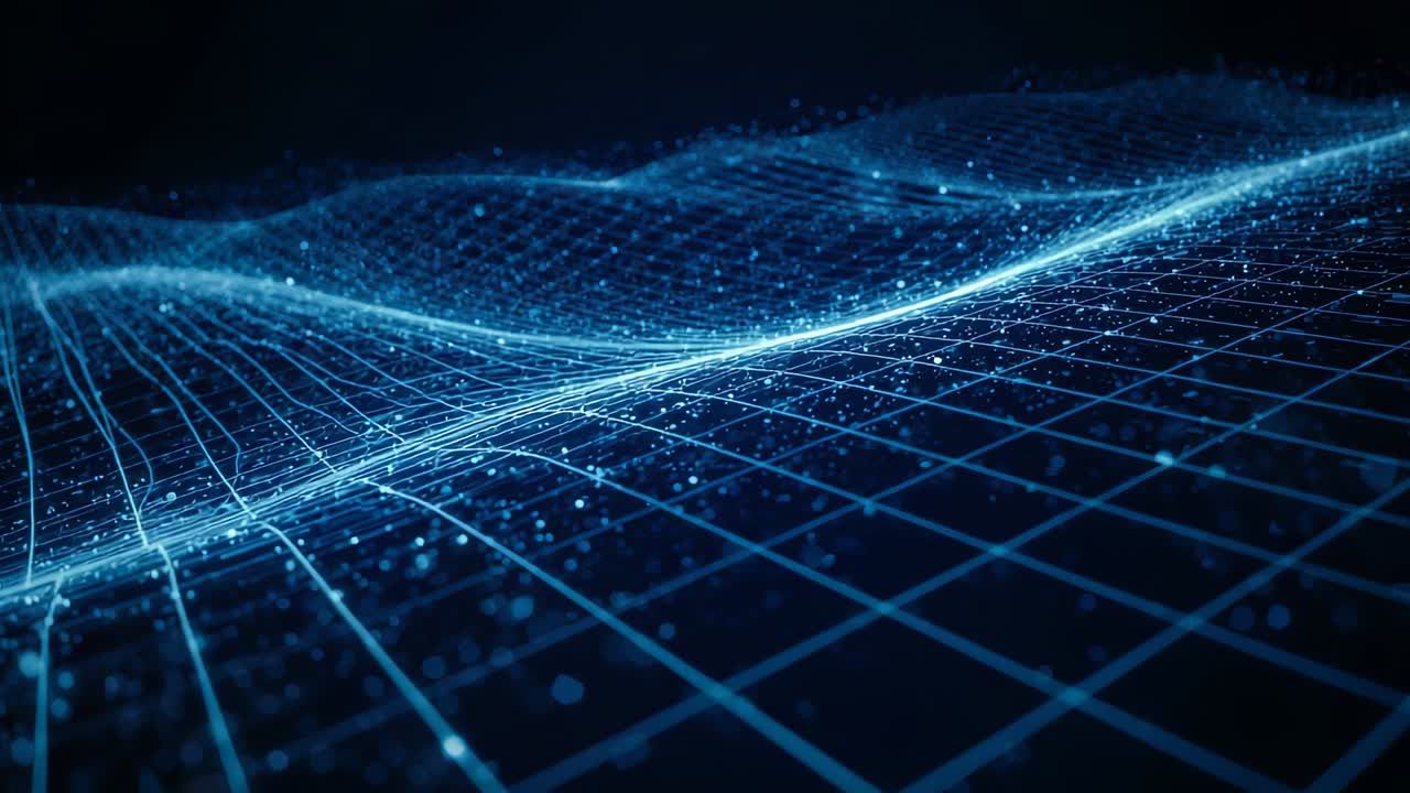 Playback starting, glowing wireframe grid rippling in navy void with streaking sparks for data flow