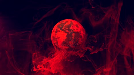 planet earth on a fiery background. red-orange watercolor ink in water on a black background.