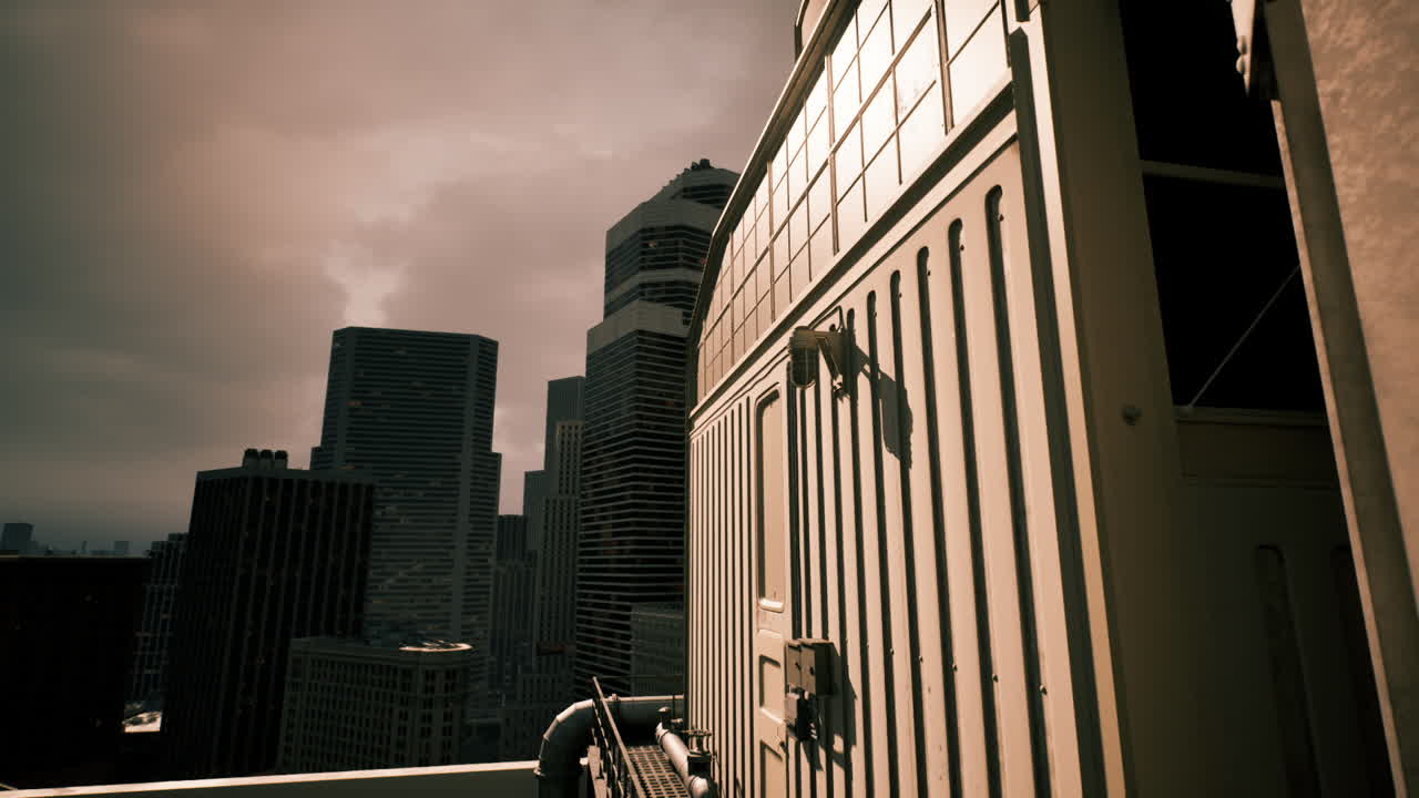 저녁에 도시 풍경에서 극적인 하늘에 대한 현대 건축물