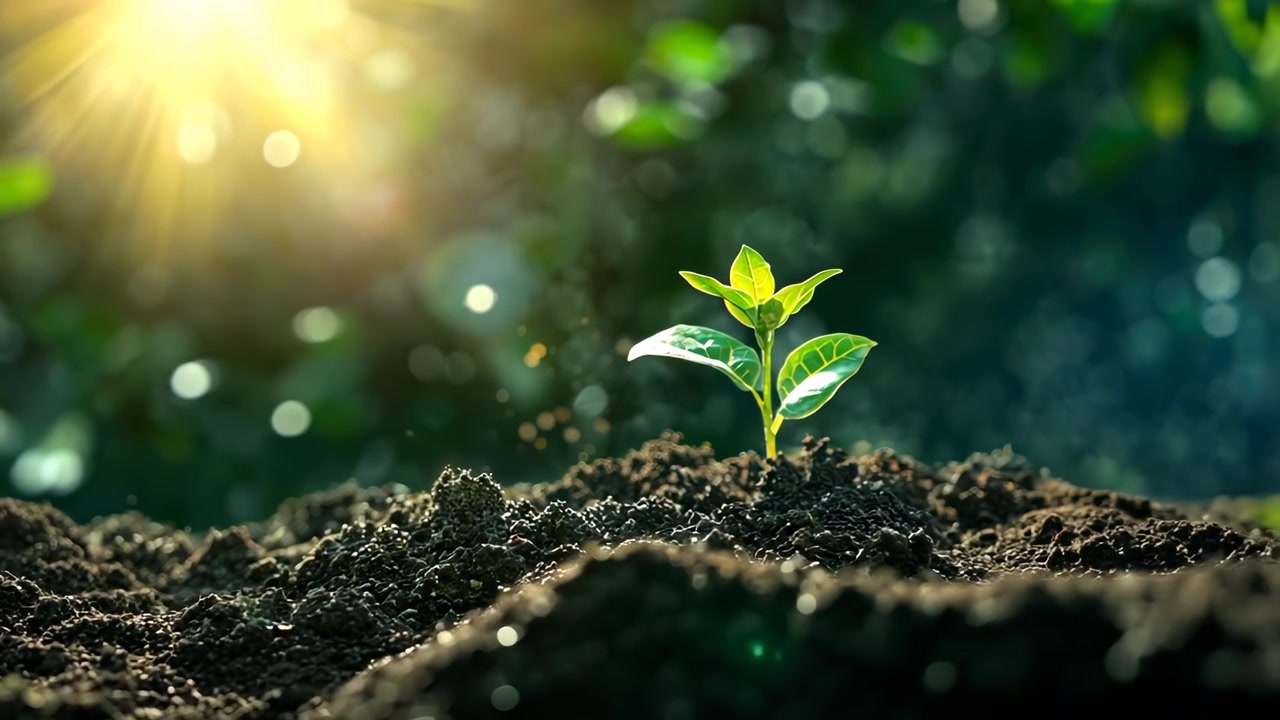 Piccolo germoglio verde che cresce in terreno fertile sotto la luce del sole