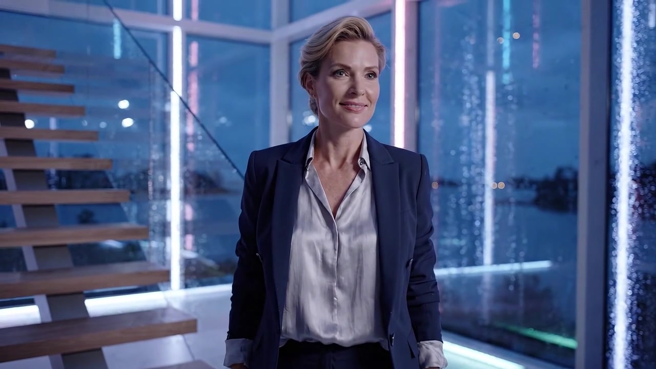 Donna professionista sicura di sé in uno spazio architettonico moderno con vista sulla pioggia, che cattura un momento di empowerment e stile in un ambiente elegante e contemporaneo