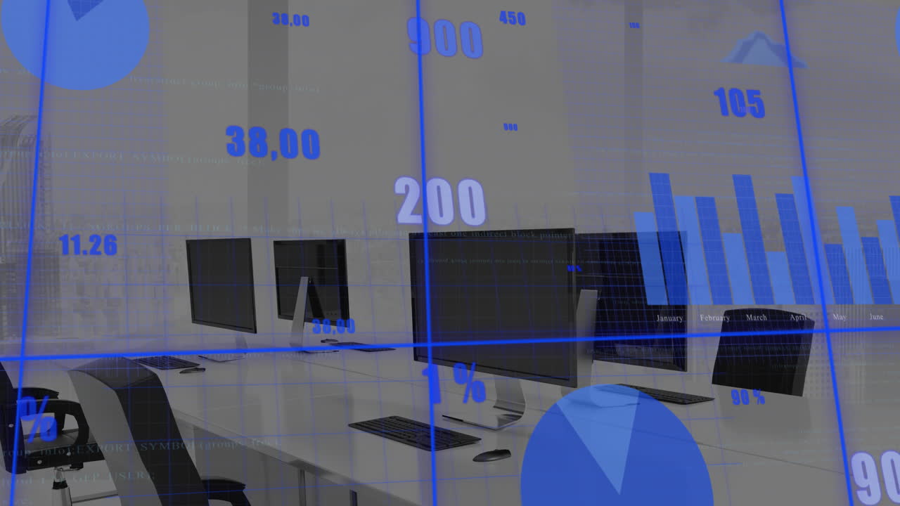 анимация обработки статистических данных по сетевой сети против пустого офиса