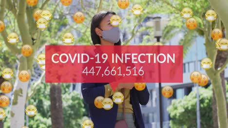 animation of covid 19 infection text and numbers with emojis and woman wearing face mask