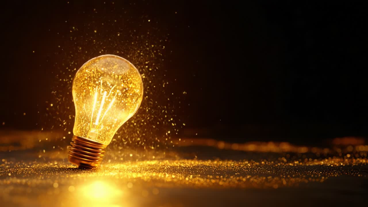 A Captivating Light Bulb Illuminated by Sparkling Particles on a Dark Surface, Capturing the Essence of Inspiration and Creativity Through its Glowing Glow and Glittering Surroundings