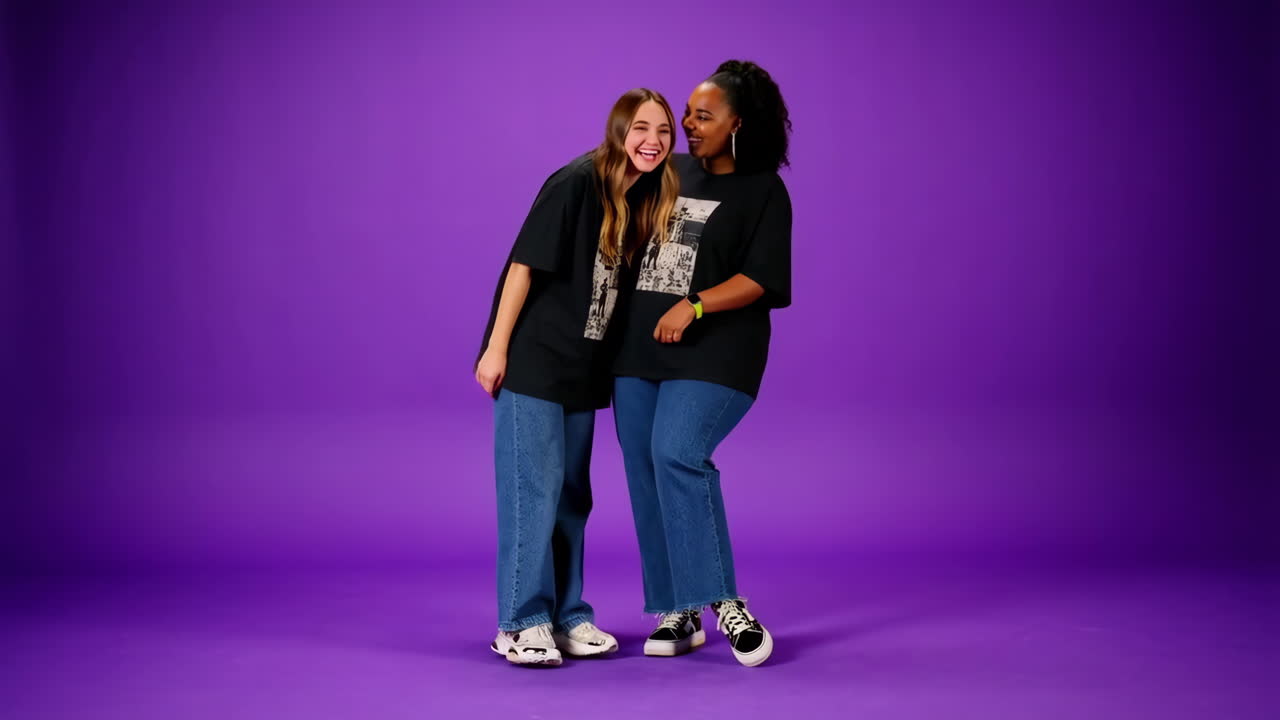 Two smiling women in casual attire posing against a purple background