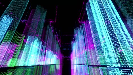 seamless color loop abstract hologram 3d digital night city rendering with futuristic matrix. animation buildings with binary code particles network