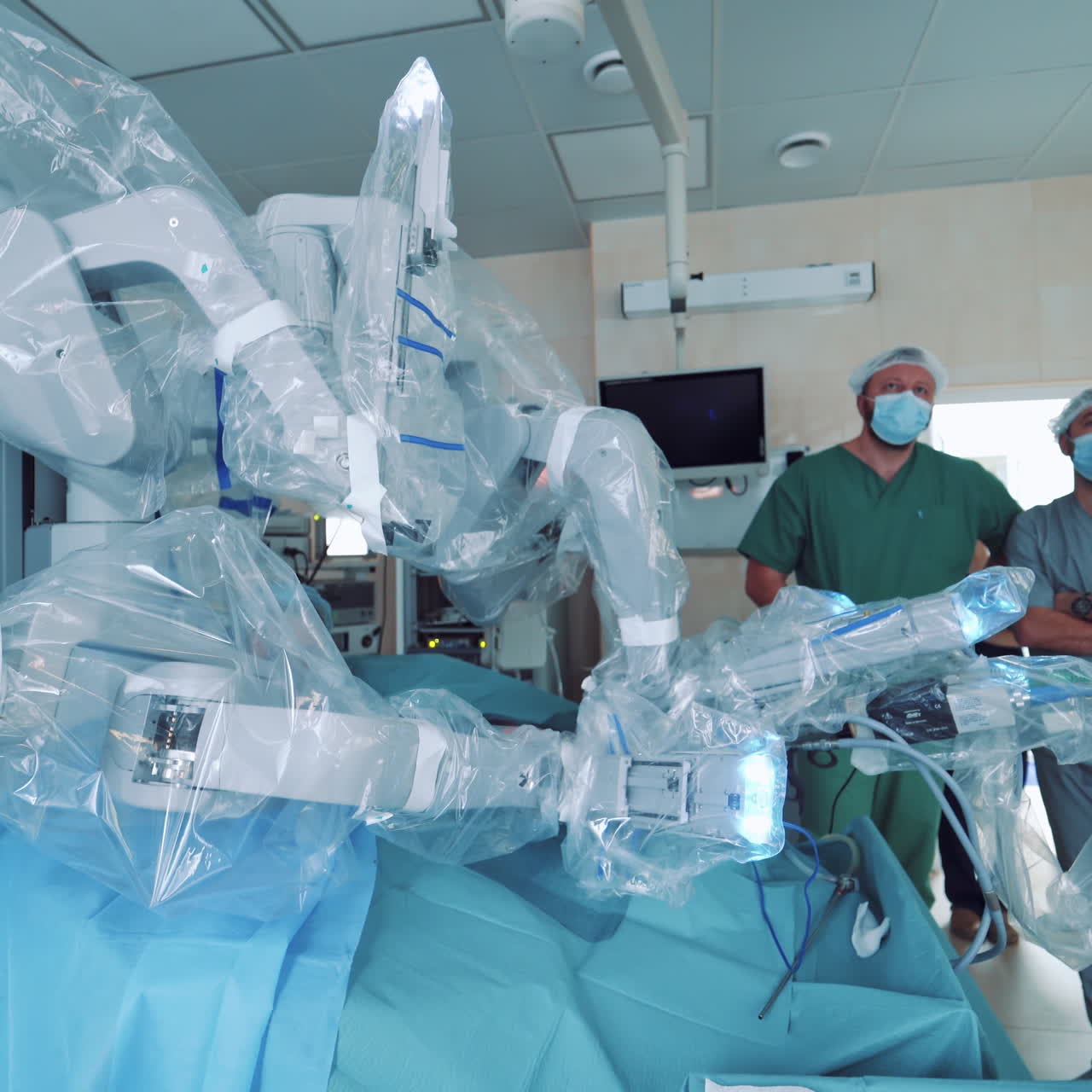 Operating room, medical surgical robot, cancerous tumor removal surgery. Robotic surgery. Future of Medicine
