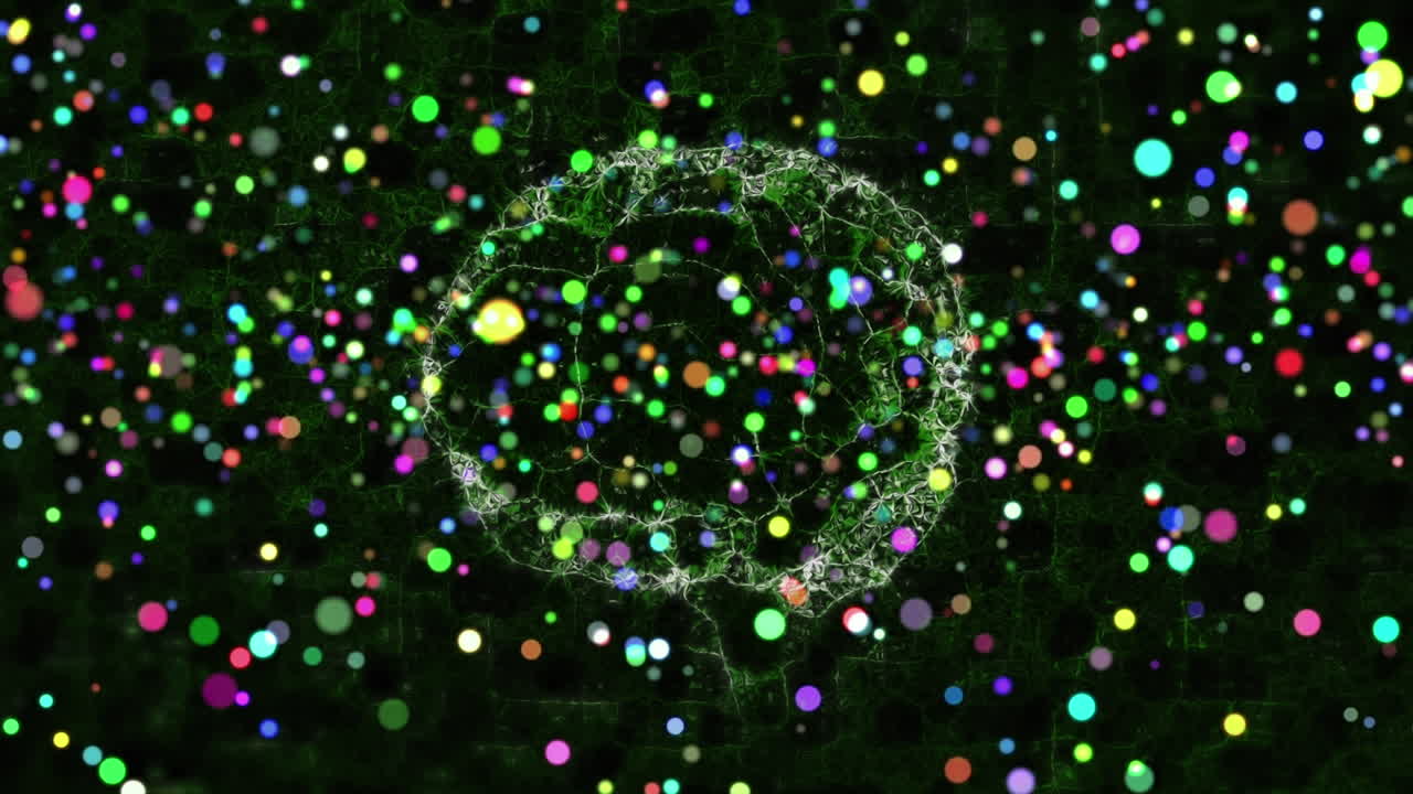 검은 바탕에 있는 인간의 뇌 아이콘 위에 떠다니는 다채로운 빛의 반점들의 애니메이션.