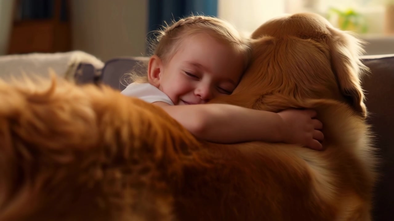 Una giovane ragazza sorridente abbraccia un golden retriever mentre riposa su un divano del soggiorno, con un secondo cane leggermente sfocato in primo piano e luce diurna calda.