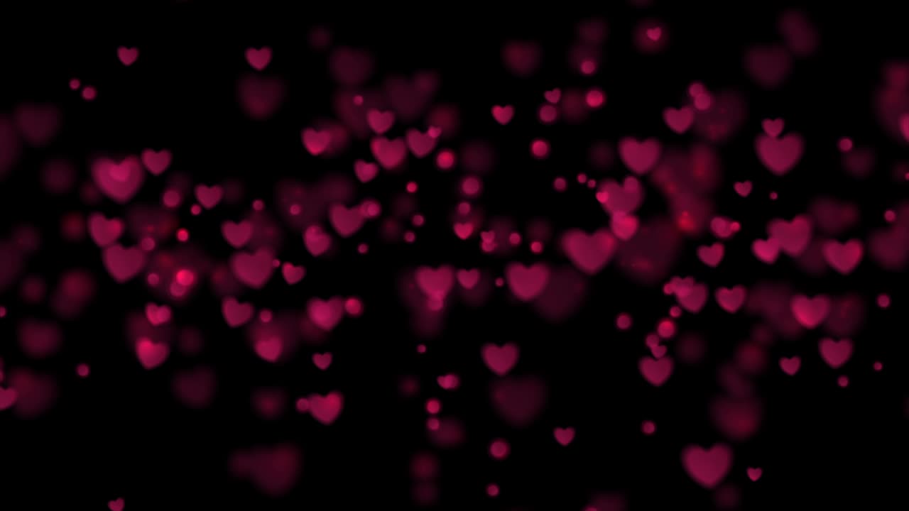 Black greeting motion background with purple shiny glowing hearts