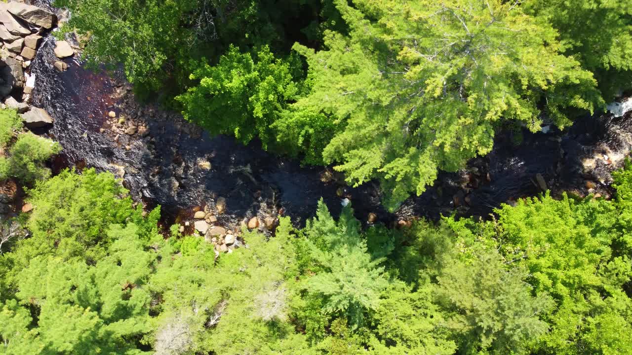 Aerial view over a peaceful river flowing through a green forest in the canadian mountains, Duchesnay Falls, Ontario