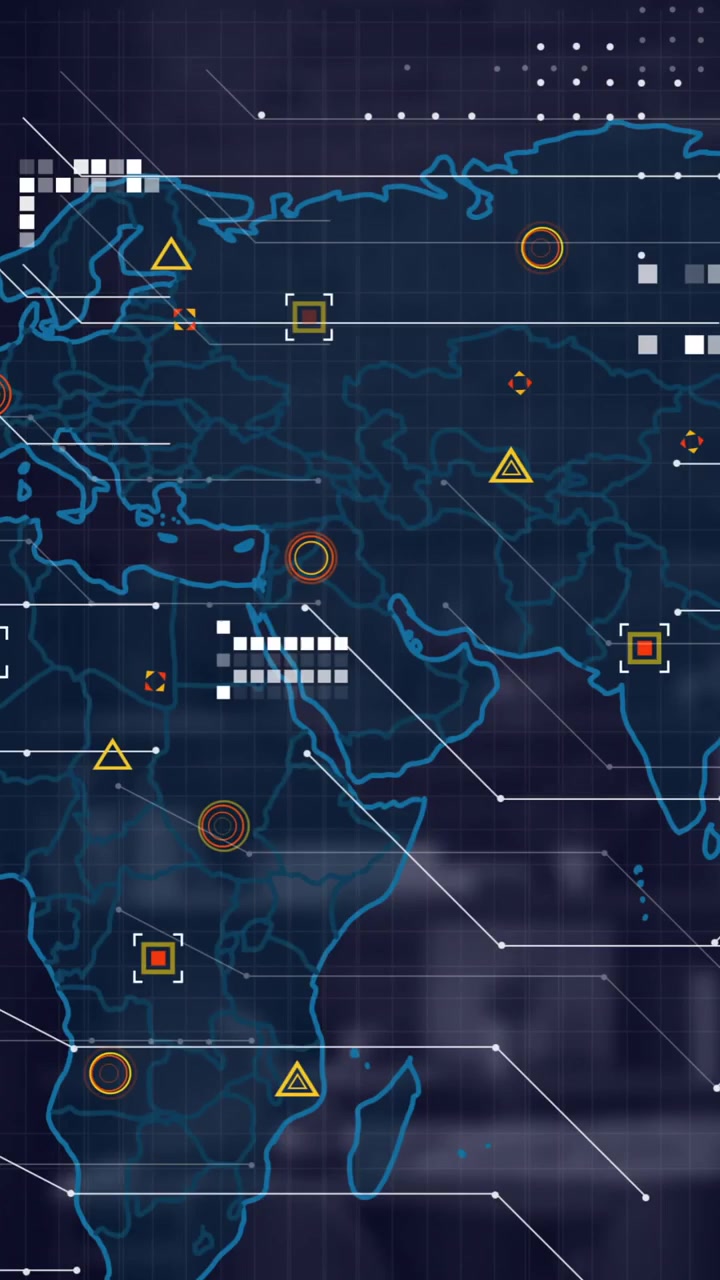 Animation of financial data processing and world map over desk in office