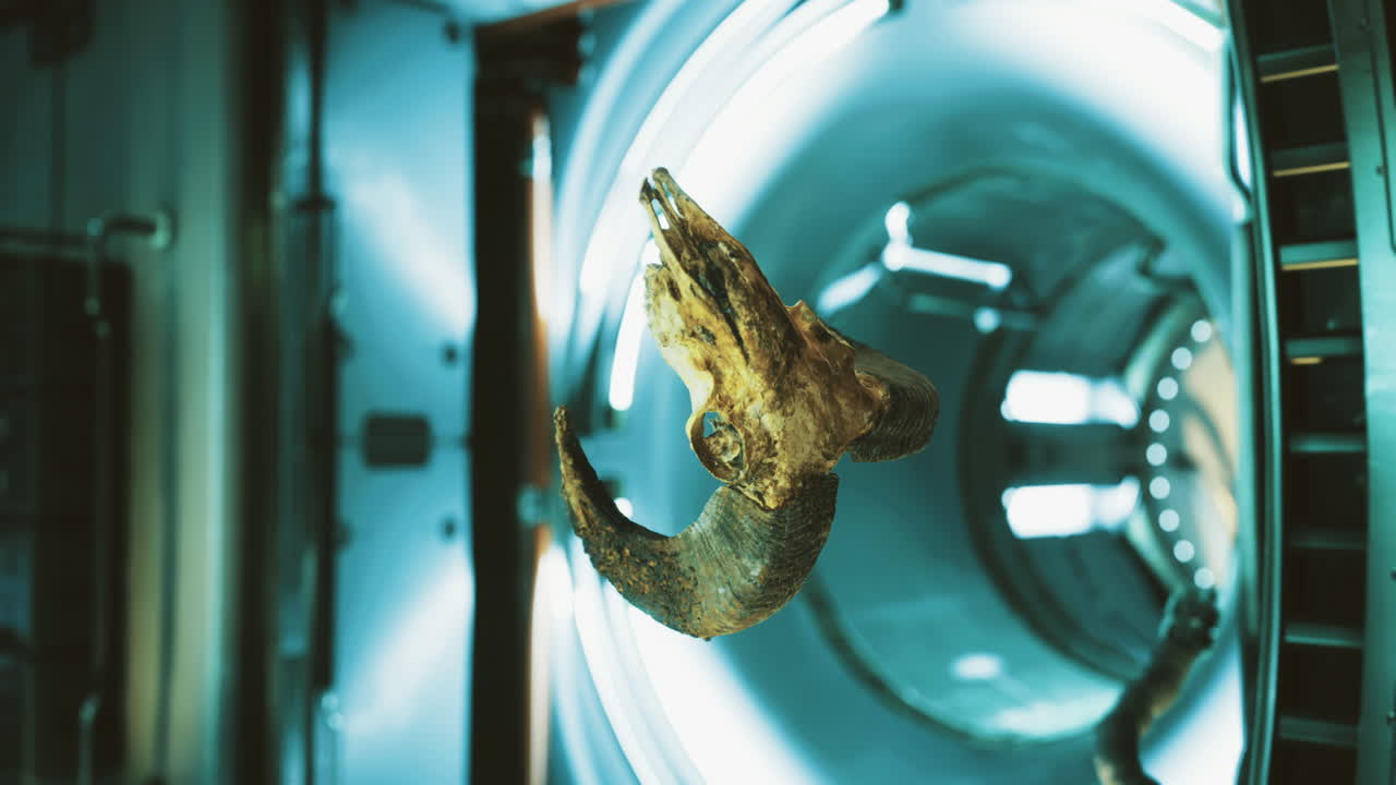 Intriguing ram skull suspended in an ethereal space illuminated by blue light