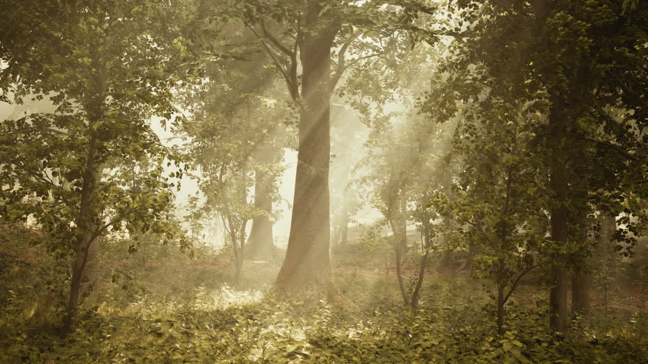숲 속 의 안개 를 통과 하는 빛
