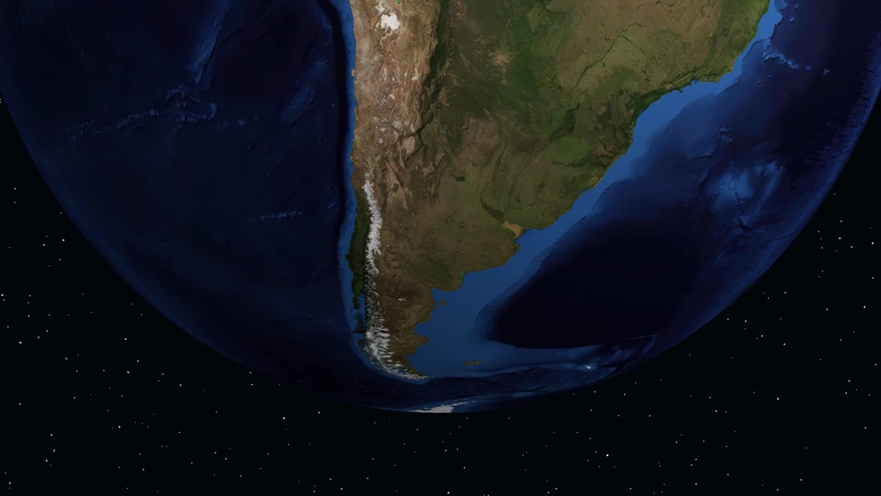Digital earth rotates and zooms into South America, highlighting Santa Rosa with informational text overlays