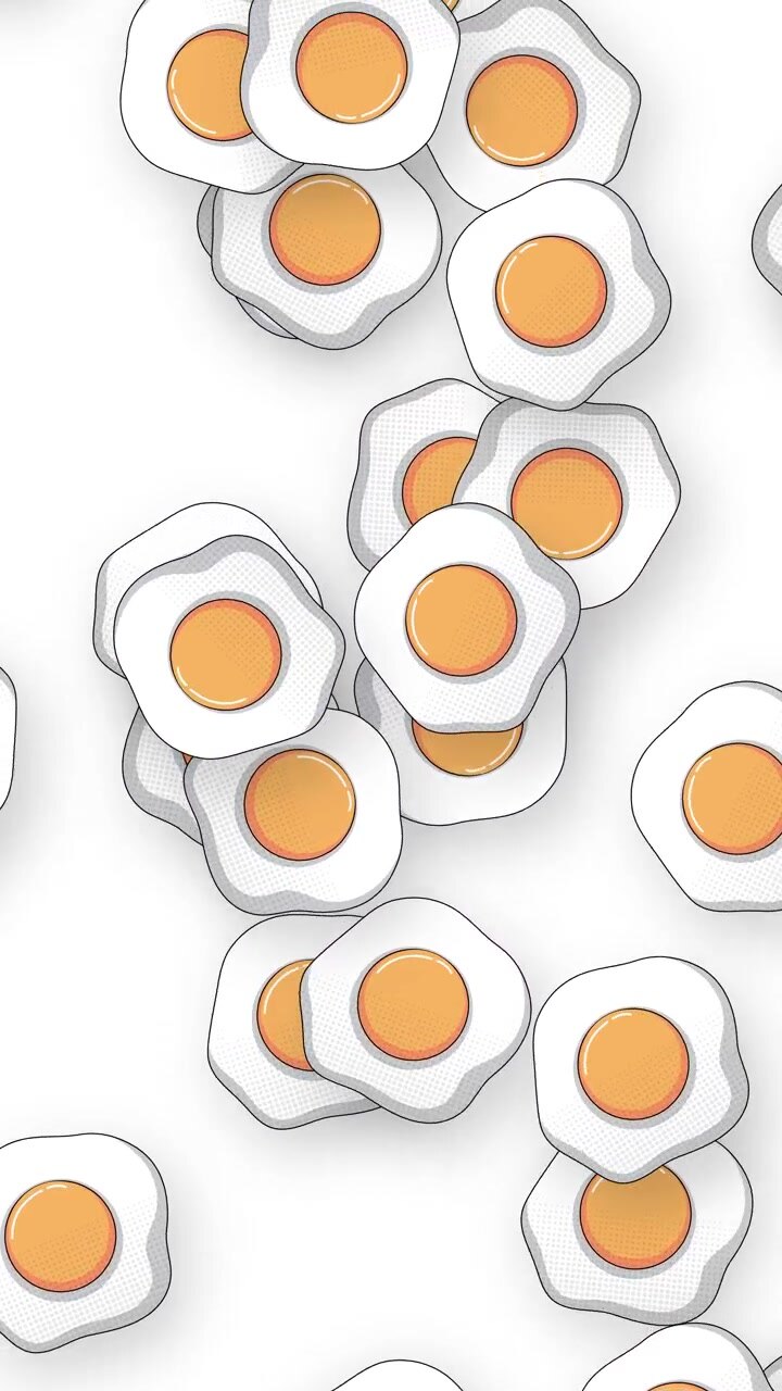 Stylized cartoon fried eggs fall vertically against a plain white background with soft shadows.