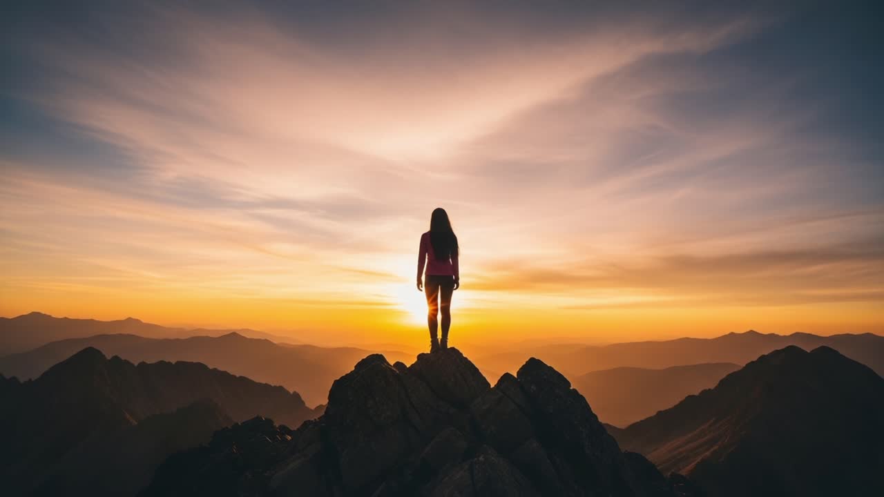 A silhouetted figure stands triumphantly on a peak, bathed in golden light from the rising sun, surrounded by majestic mountain vistas and dramatic skies, embracing the beauty of nature