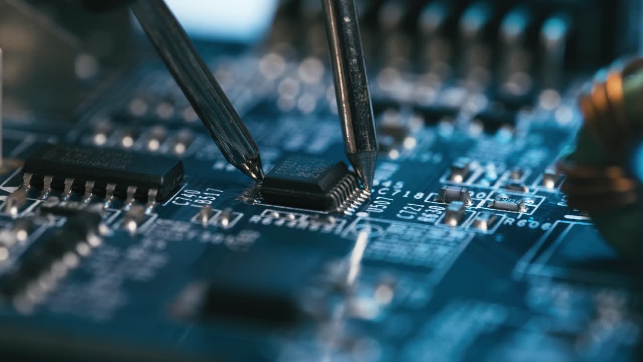 주석 납땜 인두 마이크로칩, 컴퓨터 고정에 사용되는 도구의 매크로 닫기