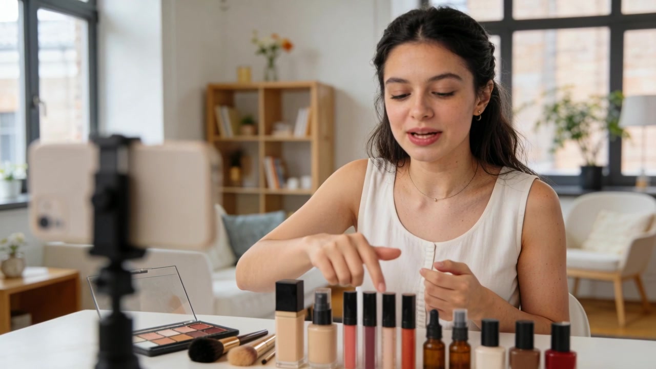Smiling woman in sleeveless white top starting phone on tripod, reviewing makeup and serum at home