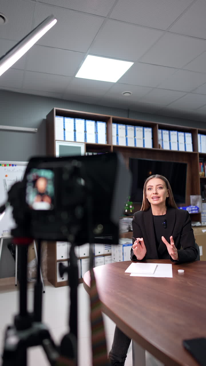 Good-looking Caucasian woman in black jacket speaks to camera in the office. Positive passionate blogger talks for her blog content. Vertical video.