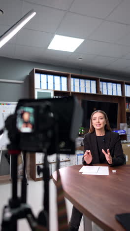 good-looking caucasian woman in black jacket speaks to camera in the office. positive passionate blogger talks for her blog content. vertical video.