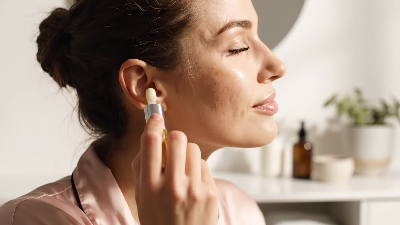 mujer aplicando suero a la cara