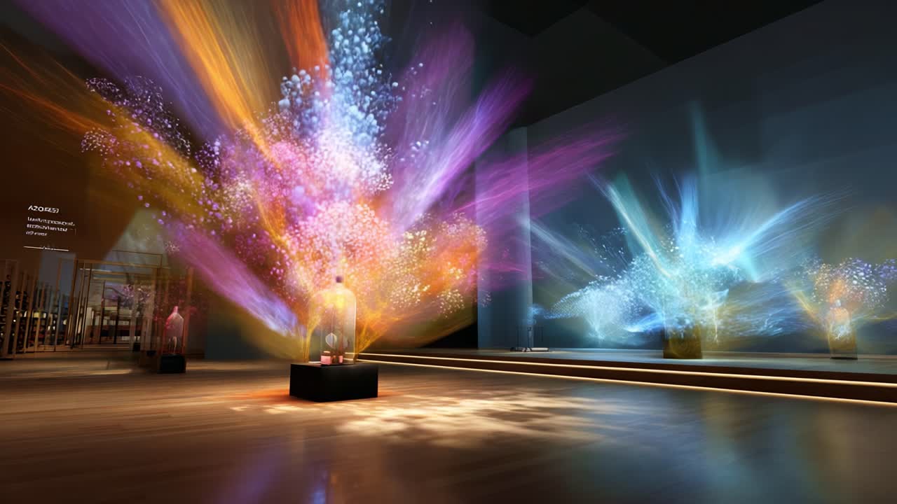 A Stunning Display of Colorful Light and Motion: An Immersive Experience Showcasing Vibrant Artistic Expressions in a Captivating Multimedia Environment