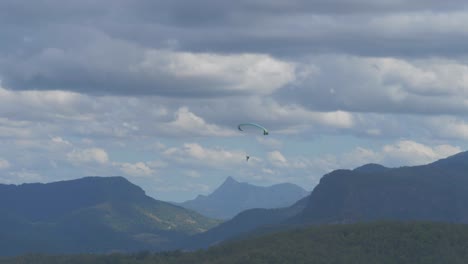 piloto de parapente sobre el bosque de colofonias y la cordillera en beechmont - región escénica del borde, queensland, australia