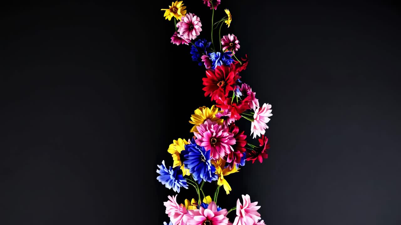Vibrant flowers cascade against a dark backdrop, captured from a low-angle shot, creating a dynamic