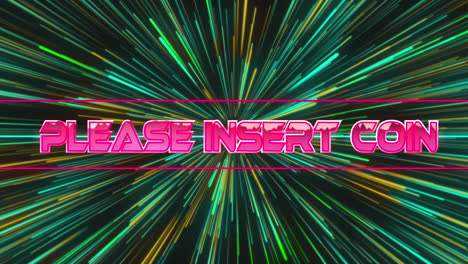 animation of please insert coin text over neon lines and light trails background