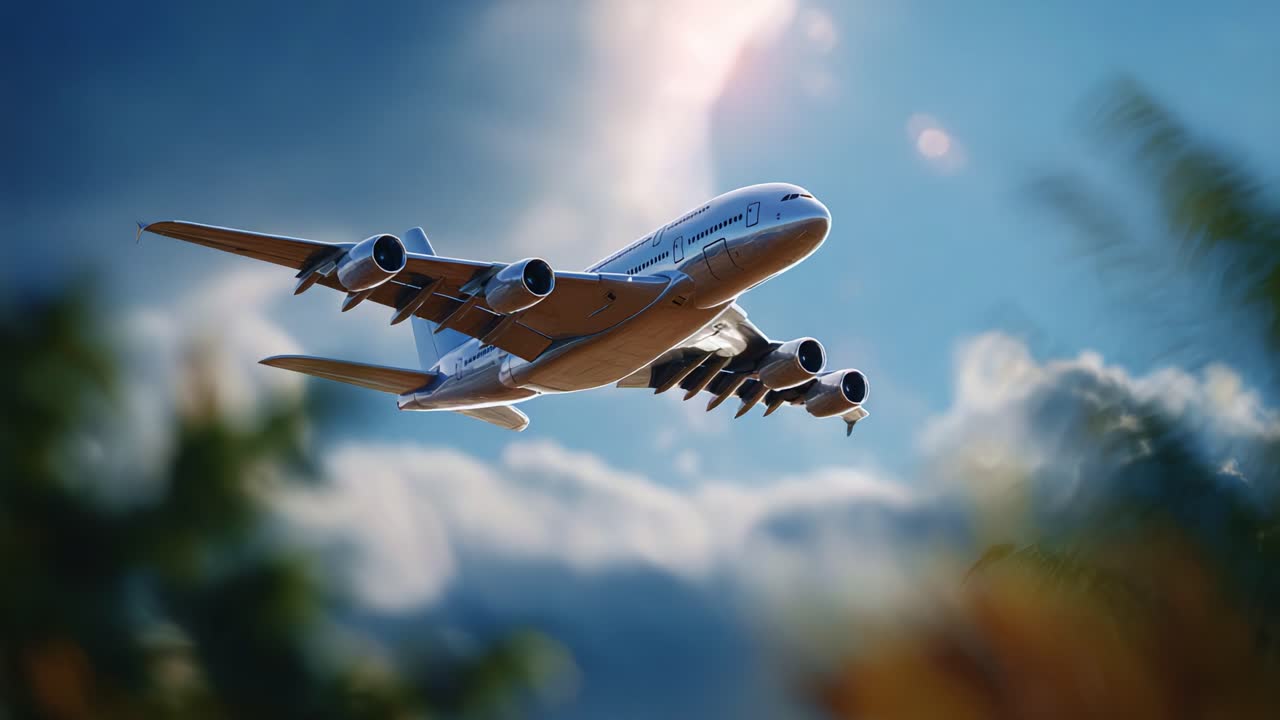 Un maestoso aereo che solca il cielo tra nuvole vivaci e la luce del sole, catturando l'essenza del volo in una splendida vista aerea
