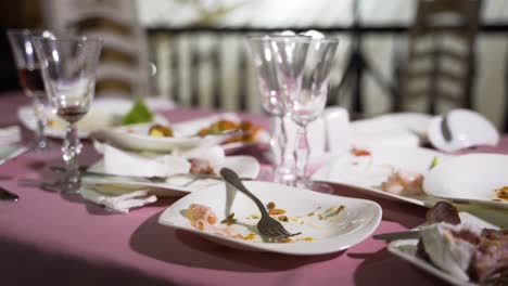 leftover food after party, dirty food. concept of the restaurant business.