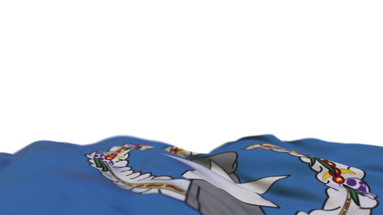 las islas marianas del norte bandera de tela ondeando en el bucle del viento. las islas marianas del norte bordado estampado bandera de tela balanceándose en la brisa. fondo blanco medio lleno. lugar para el texto. bucle de 20 segundos.