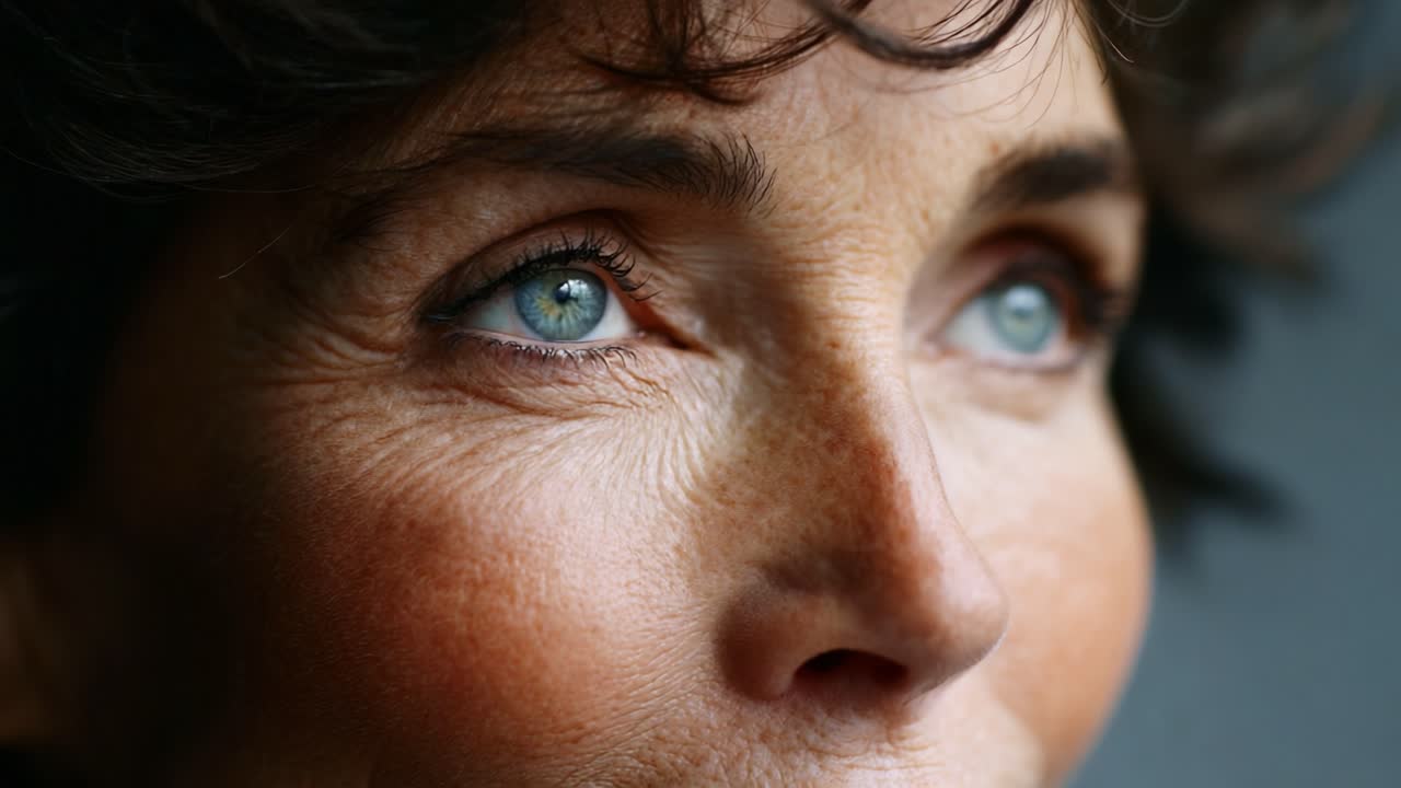 A close-up exploration of the timeless beauty and refined elegance of a subject displaying enchanting blue eyes, subtle facial details, and a captivating expression reflecting life experiences