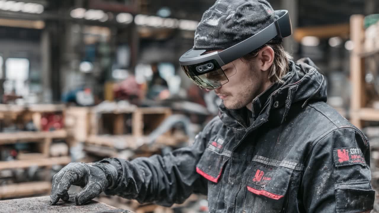 Innovative Worker Utilizing Augmented Reality Glasses in Industrial Setting for Enhanced Precision and Efficiency While Engaged in Craftsmanship Tasks