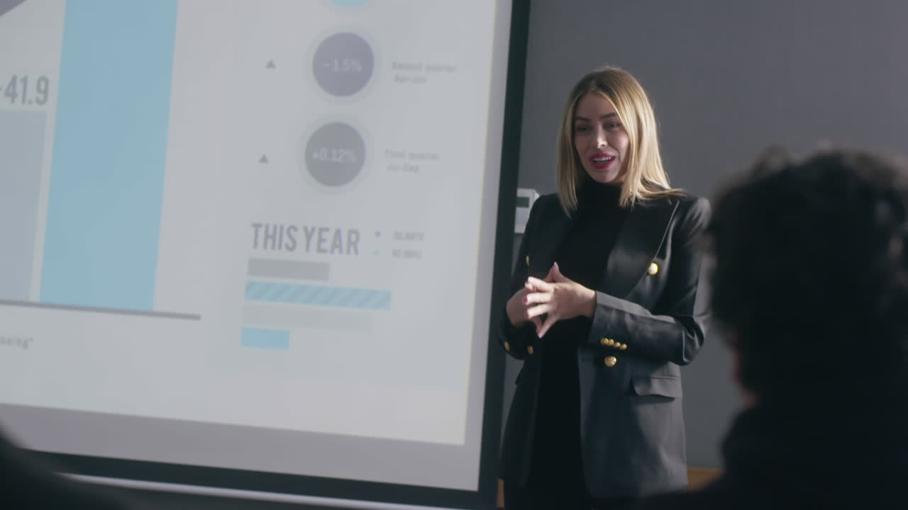 Presentation of a woman reporting the company's profit growth in front of the employees