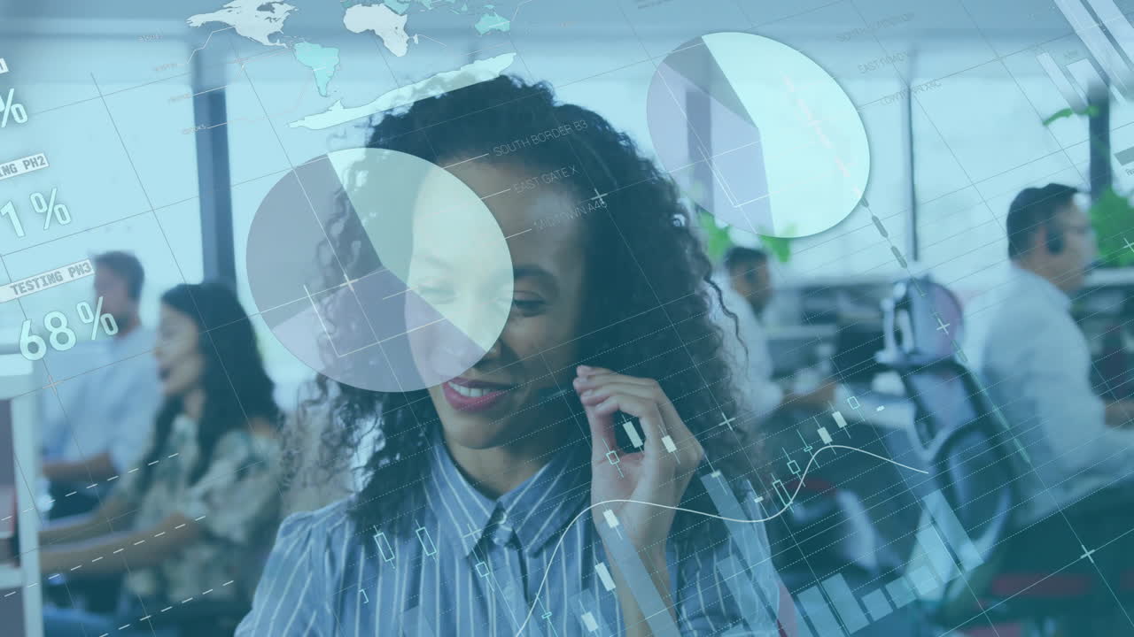 Animation of data processing over diverse colleagues working in office