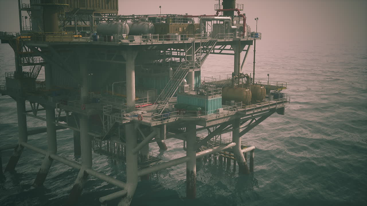 Offshore olieboreplatform i drift over rolige have ved skumring i aftentimerne
