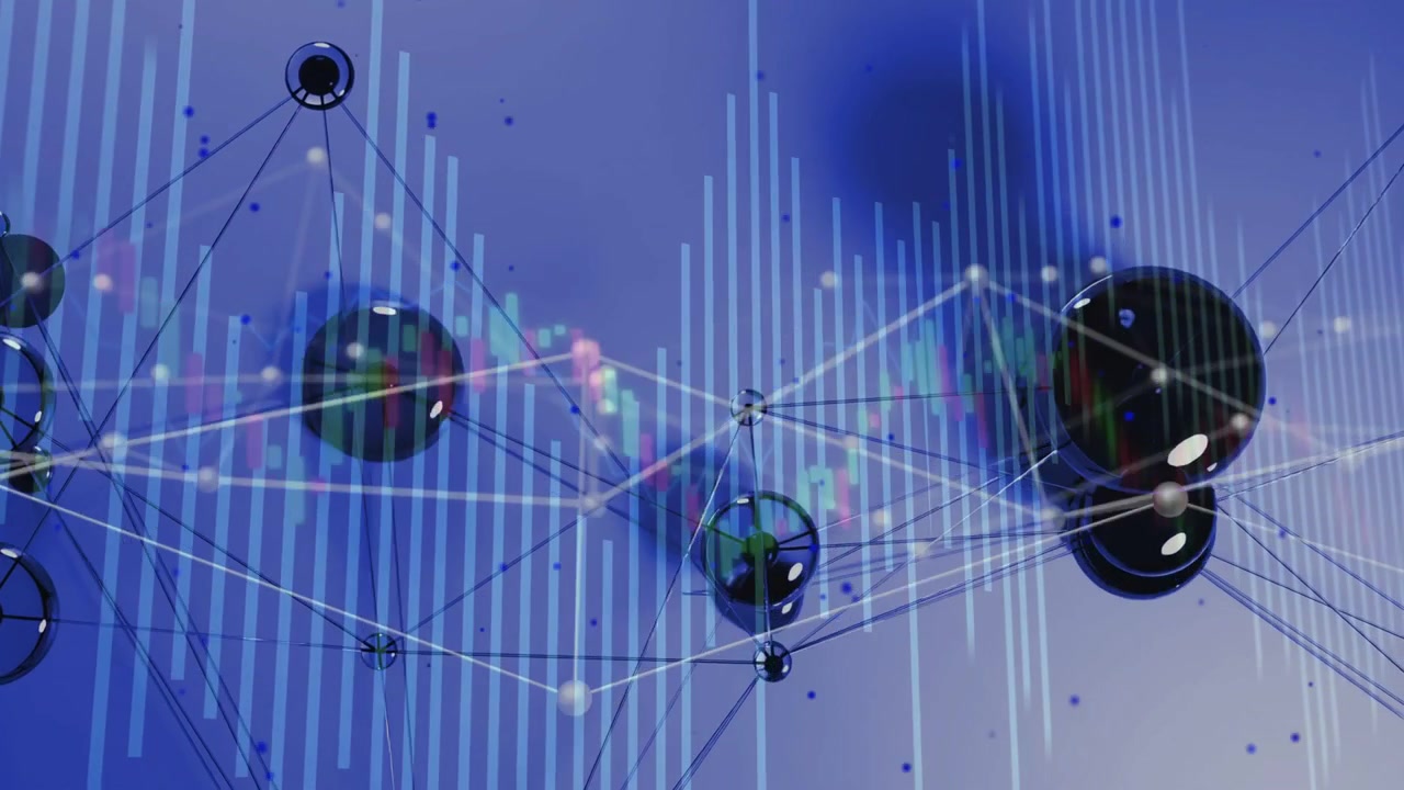 Abstract network responding to market data feed, pulsing spheres and shifting candle chart