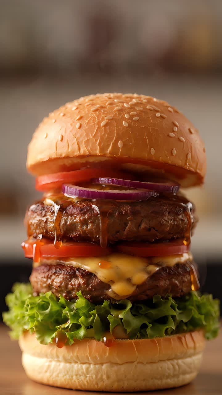 Hamburguesa Jugosa en Primer Plano con Fondo Bokeh 4K
