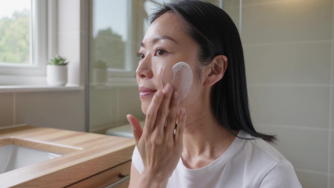 Applying woman bringing hand to cheek, pressing pad and cleansing skin at vanity, wearing white tee