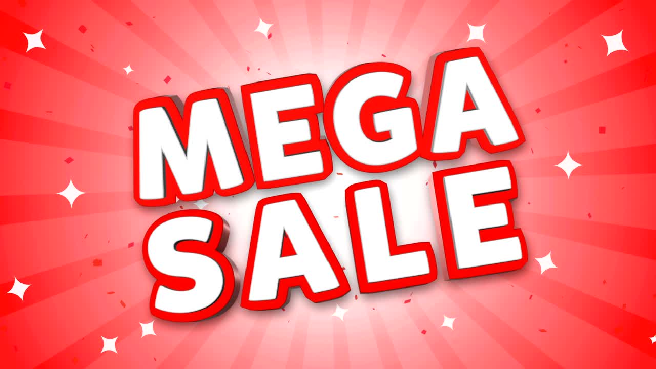 mega venta de texto 3d en el fondo de confeti que cae.