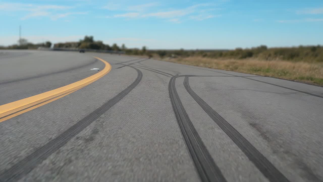 Entering left edge white RC car performing drifts on runway, carving skid patterns, copy space