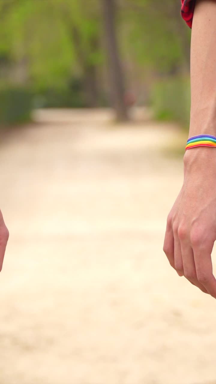 Couple holding hands with LGBTQ pride wristbands