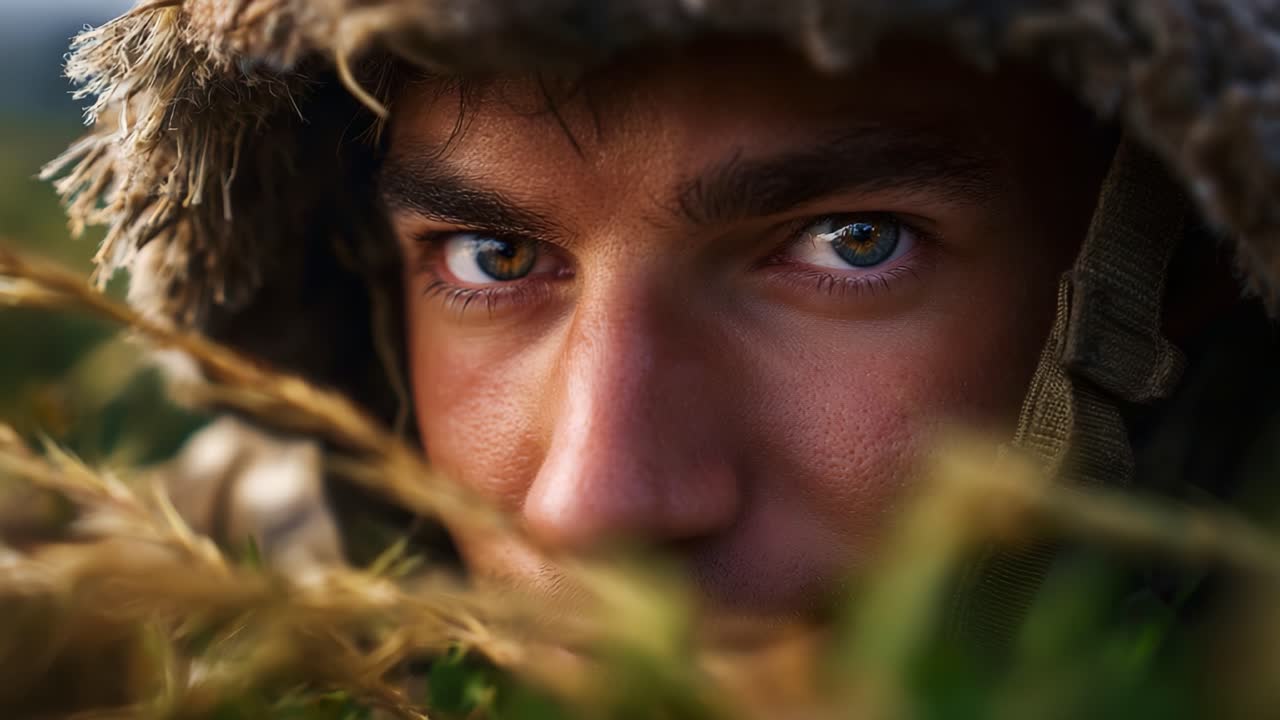 A soldier's intense gaze peering through the grass, capturing the essence of focus and determination amidst a natural camouflage, highlighting resilience and bravery