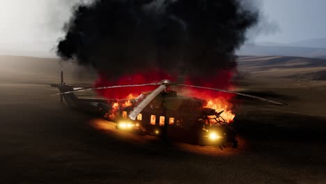 burned military helicopter in the desert at sunset