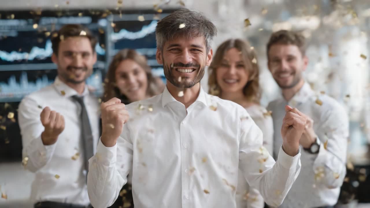Celebration of Success: A Group of Professionals Gather to Share Joy and Achievements Amidst Joyful Confetti and Smiles in a Modern Workplace Setting