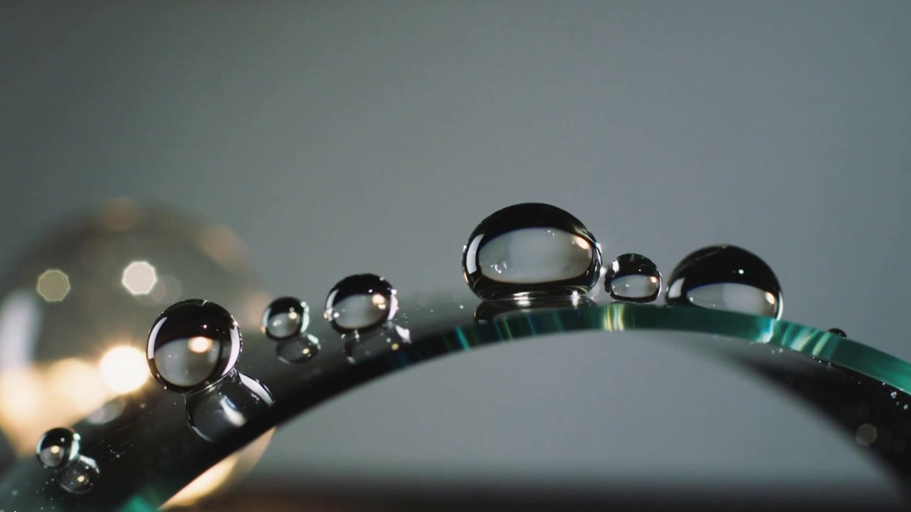 Tensão em transformação causando gotas a remodelarem-se na borda curva de vidro verde sobre mesa de estúdio, com bokeh quente