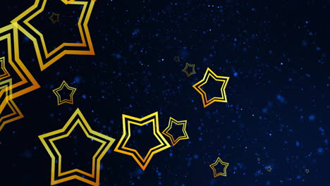 animation of gold outline stars falling over blue light spots on black background